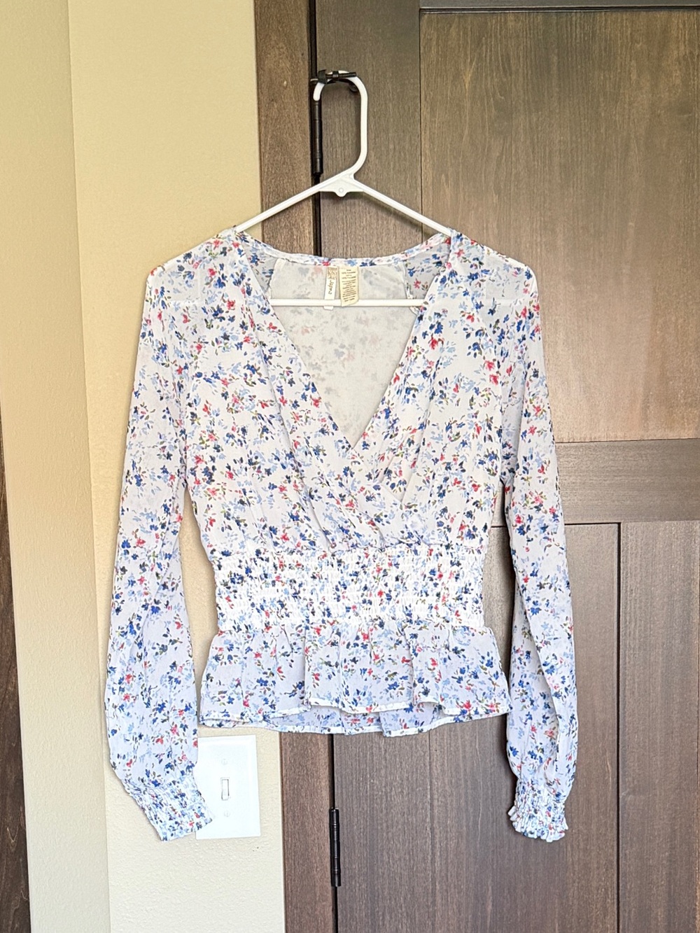 Japna Women’s Floral Peplum V Neck Faux Wrap Long Sleeve Blouse Size XS